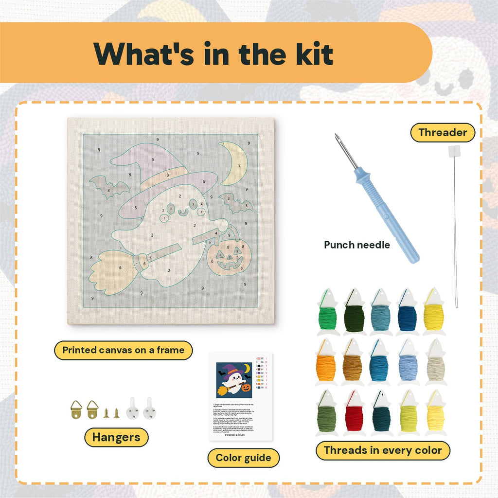 What is in the Ghost on a Broom kit: printed canvas, punch needle, threader, threads, color guide and hangers