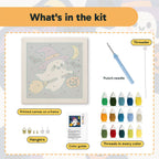 What is in the Ghost on a Broom kit: printed canvas, punch needle, threader, threads, color guide and hangers