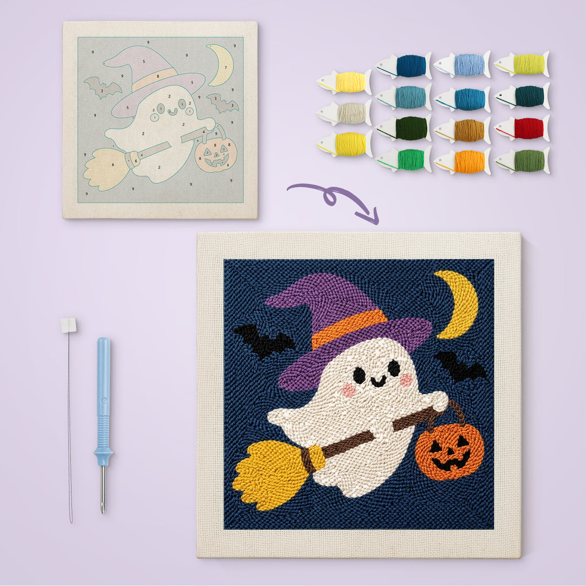 Ghost on a Broom canvas before and after punching, with the threads and tools