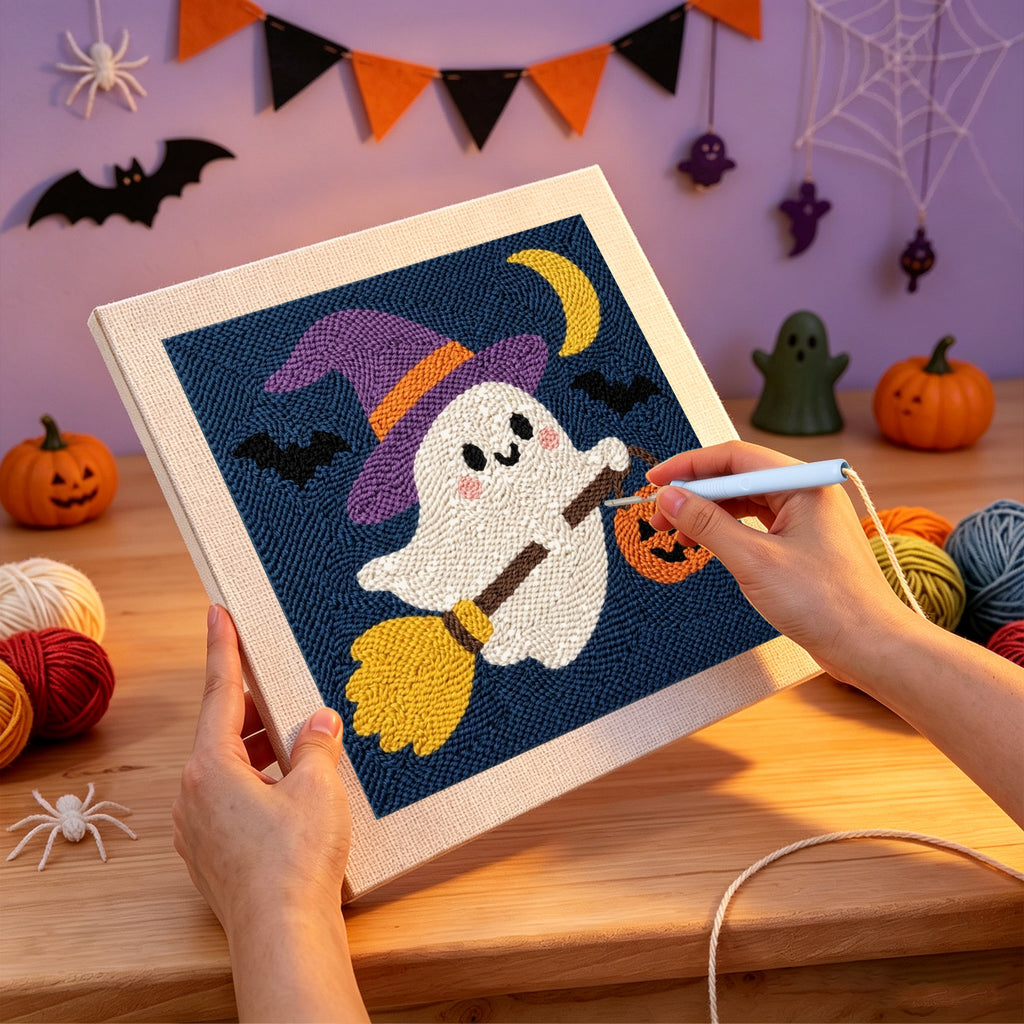 Punching the Ghost on a Broom design with the punch needle