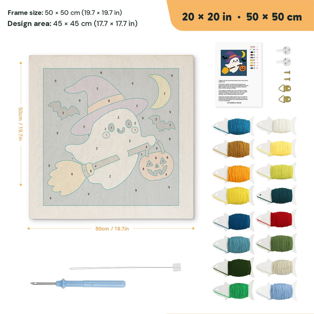 Ghost on a Broom punch needle kit, 20 × 20 in (50 × 50 cm): canvas size and kit contents