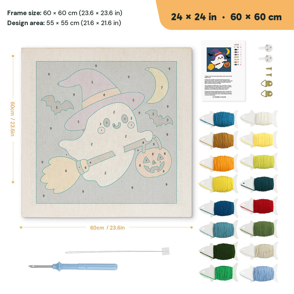 Ghost on a Broom punch needle kit, 24 × 24 in (60 × 60 cm): canvas size and kit contents