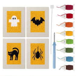 Ghost on Yellow mini punch needle kit set: four finished canvases with threads, punch needle and threader