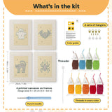 What is in the Ghost on Yellow set, 8 × 12 in (20 × 30 cm) each: 4 printed canvases, punch needle, threader, threads, color guide and 4 sets of hangers