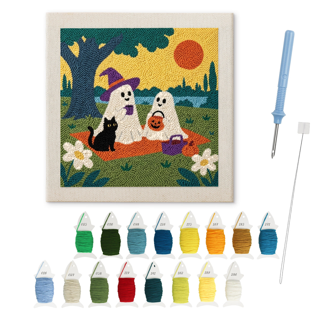 Ghost Picnic punch needle kit: finished canvas with threads, punch needle and threader