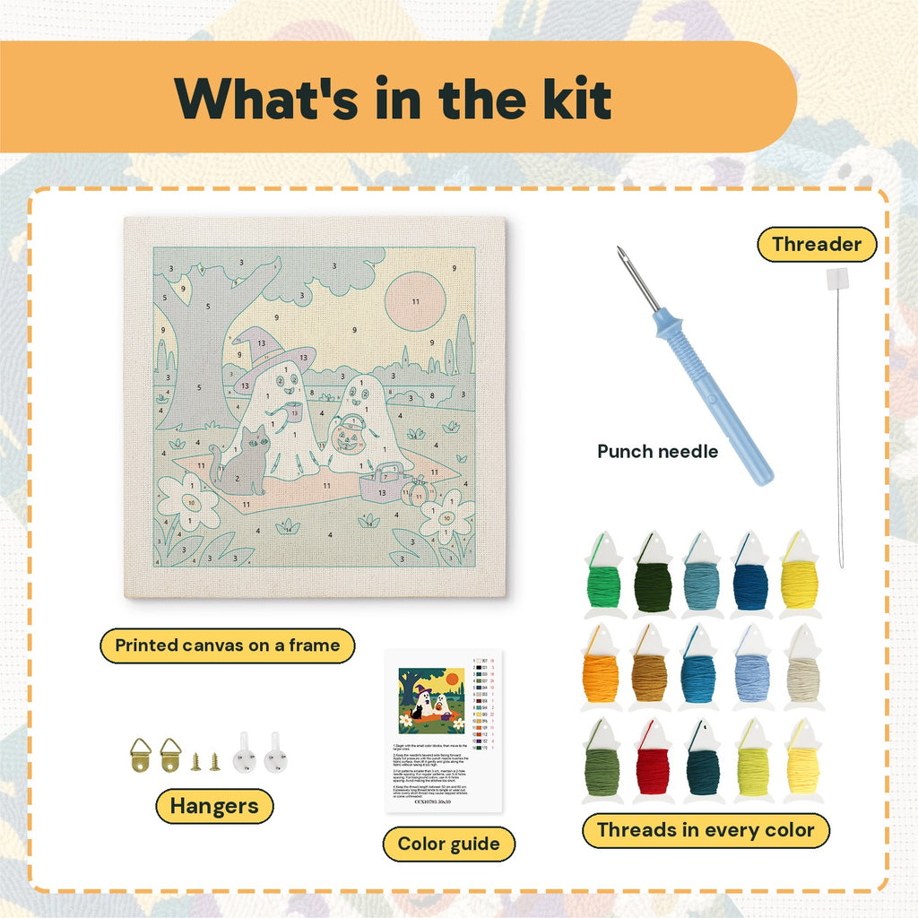 What is in the Ghost Picnic kit: printed canvas, punch needle, threader, threads, color guide and hangers