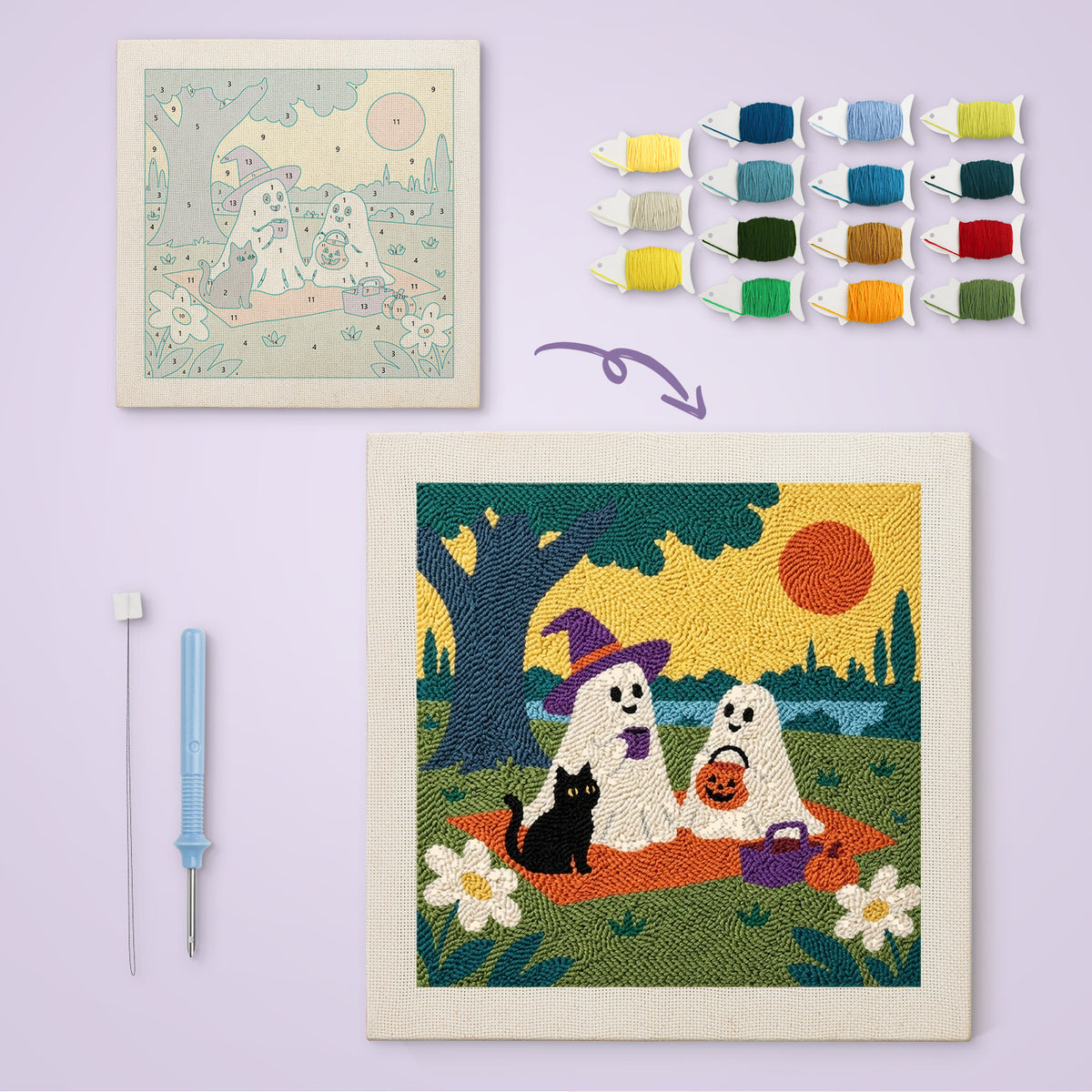 Ghost Picnic canvas before and after punching, with the threads and tools