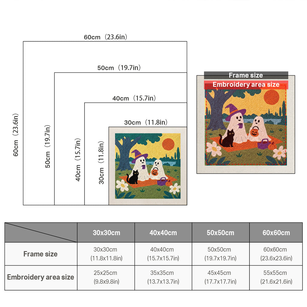Size chart for square punch needle kits from 30 x 30 cm to 60 x 60 cm