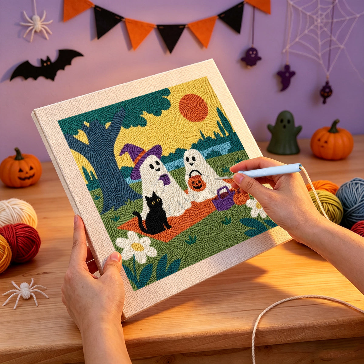 Punching the Ghost Picnic design with the punch needle