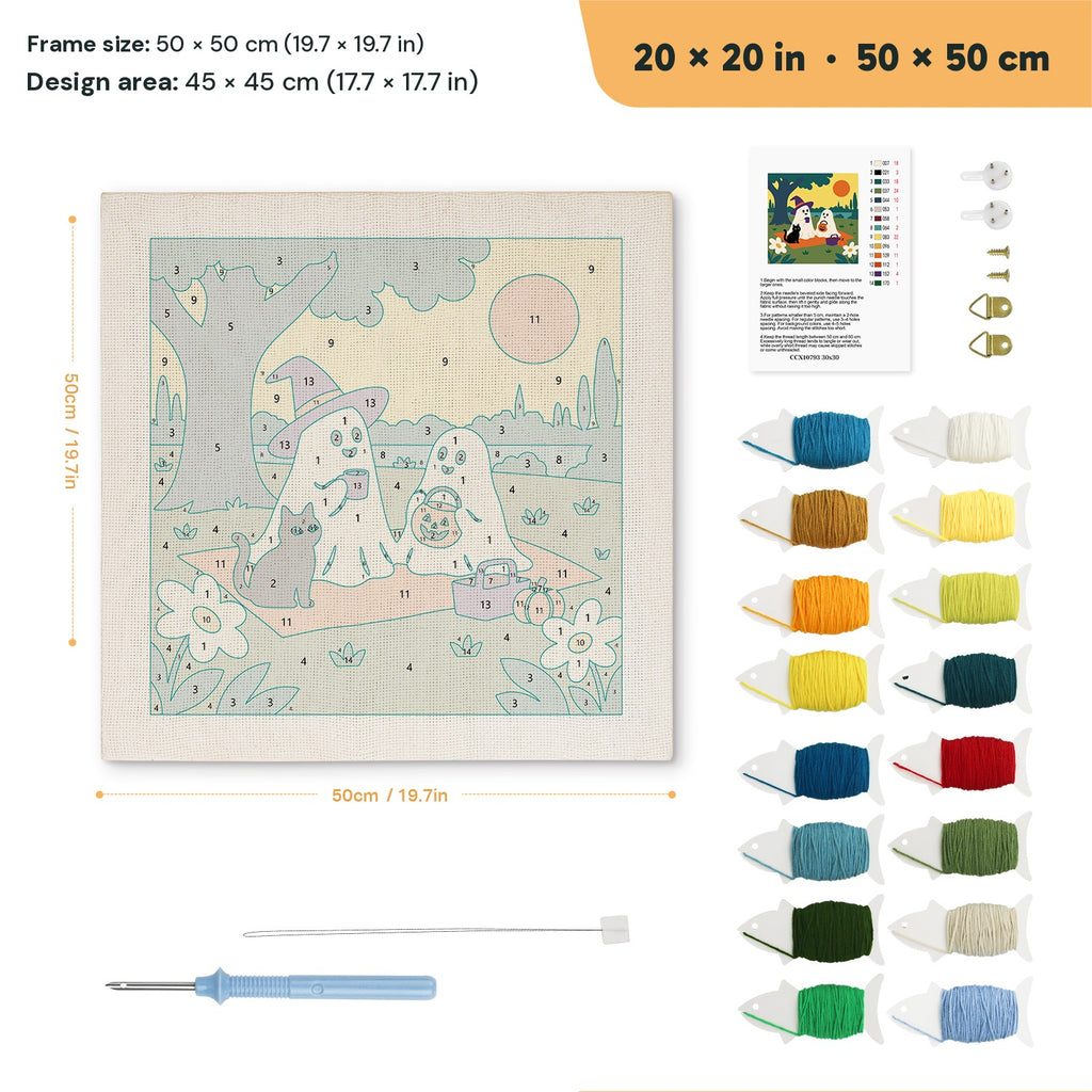 Ghost Picnic punch needle kit, 20 × 20 in (50 × 50 cm): canvas size and kit contents