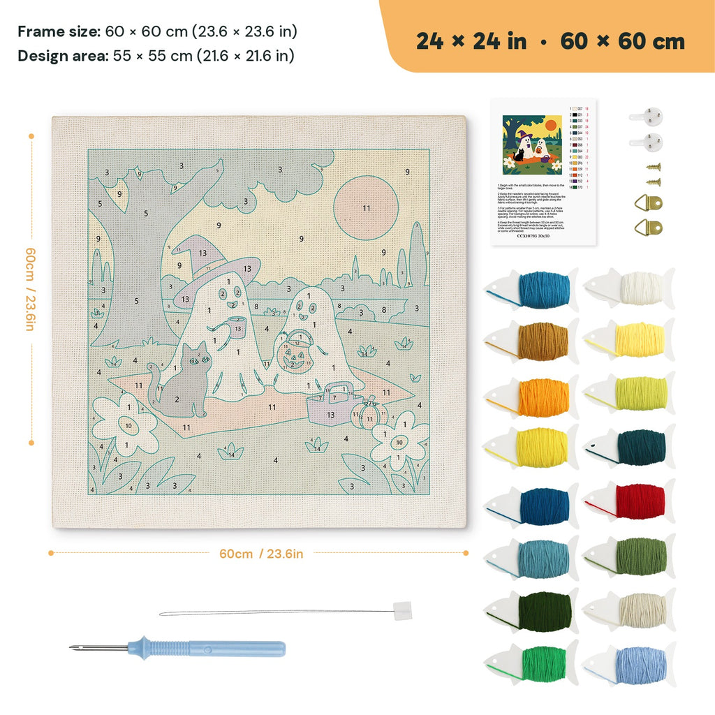 Ghost Picnic punch needle kit, 24 × 24 in (60 × 60 cm): canvas size and kit contents
