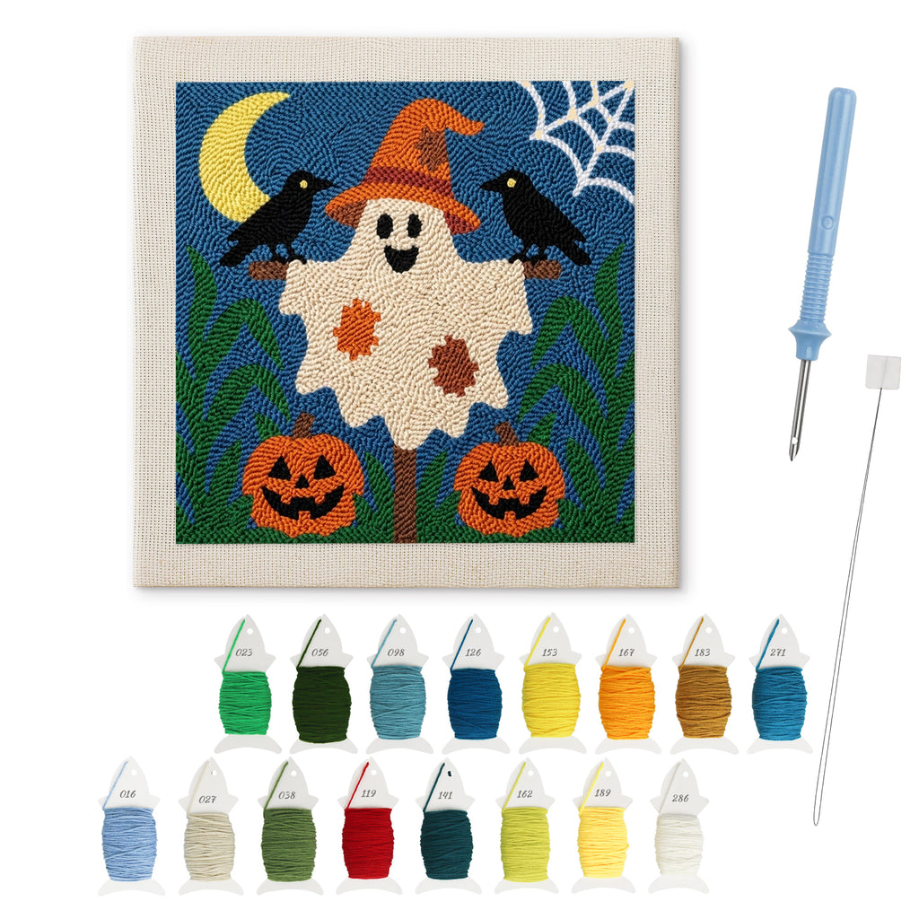 Ghost Scarecrow punch needle kit: finished canvas with threads, punch needle and threader