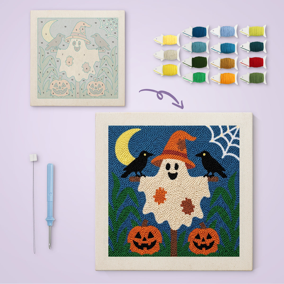 Ghost Scarecrow canvas before and after punching, with the threads and tools