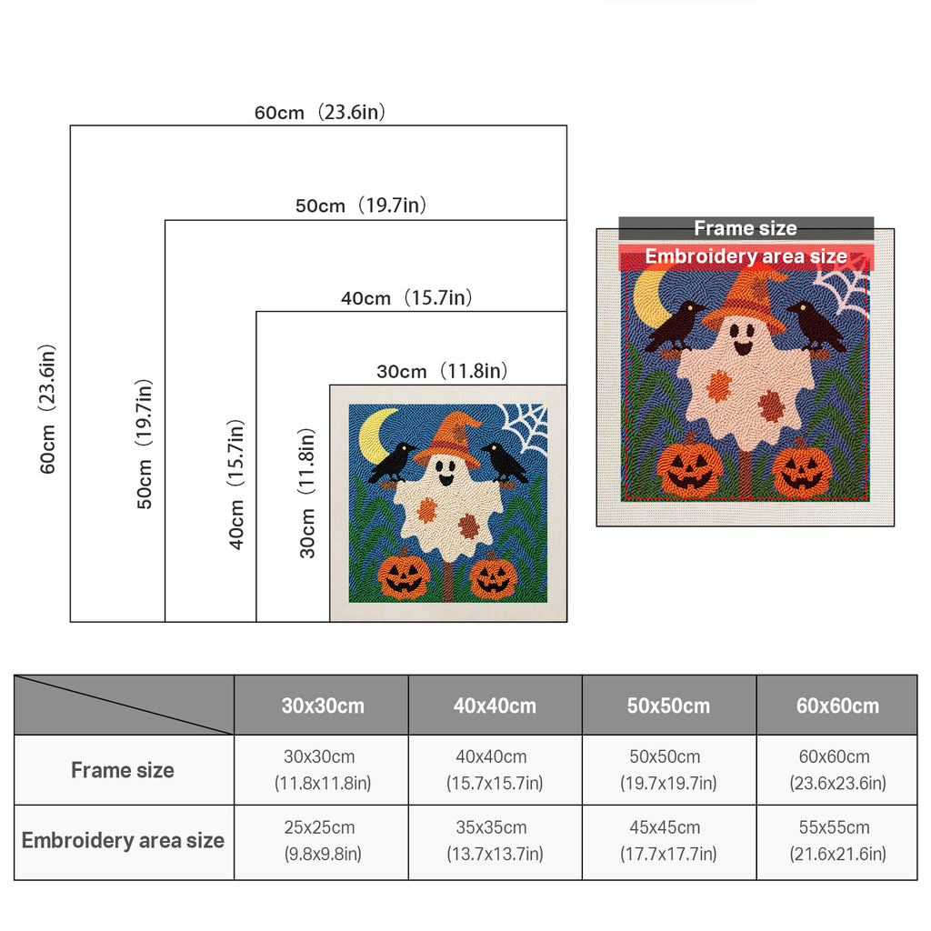 Size chart for square punch needle kits from 30 x 30 cm to 60 x 60 cm