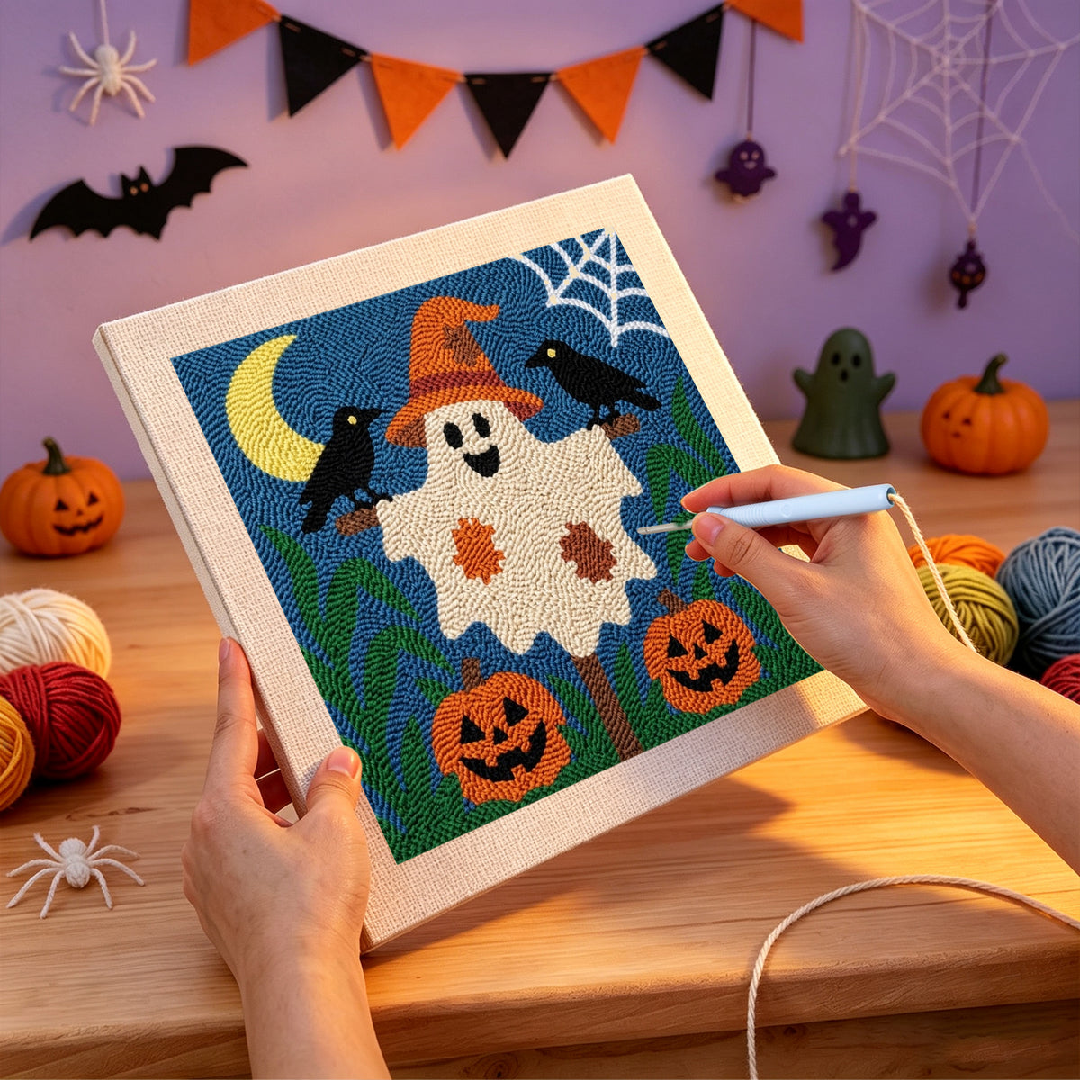 Punching the Ghost Scarecrow design with the punch needle
