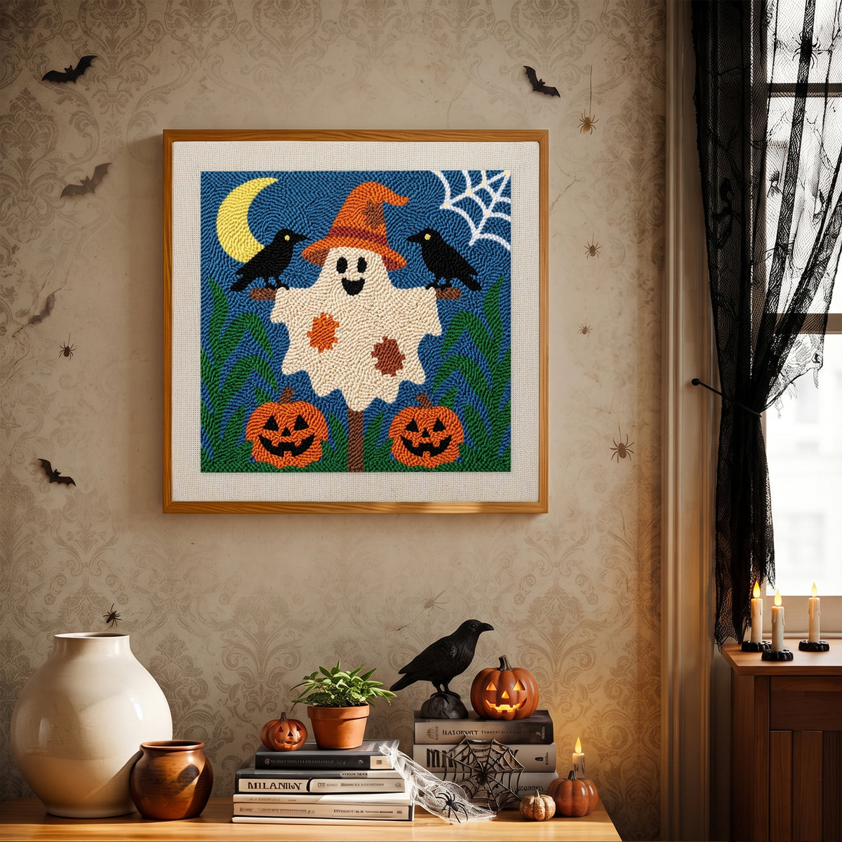 Finished Ghost Scarecrow punch needle canvas on a wall