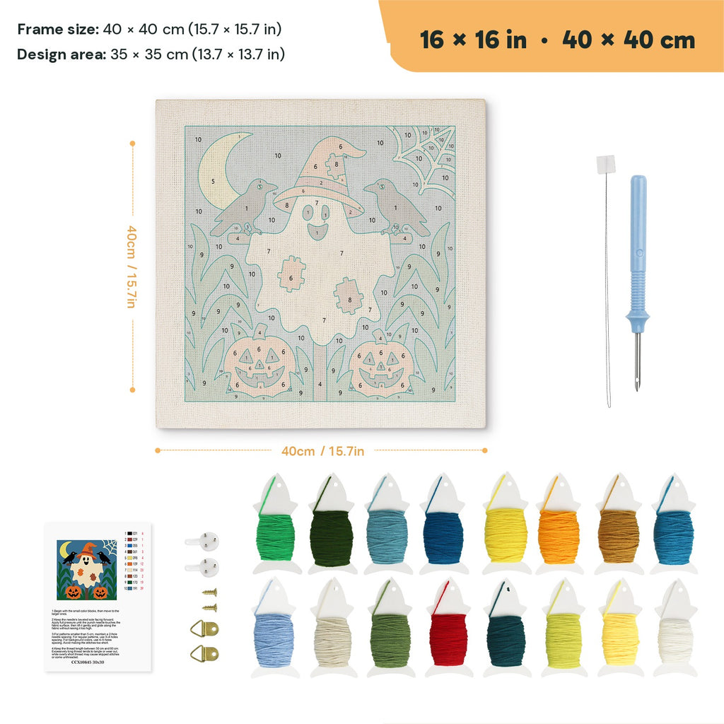 Ghost Scarecrow punch needle kit, 16 × 16 in (40 × 40 cm): canvas size and kit contents