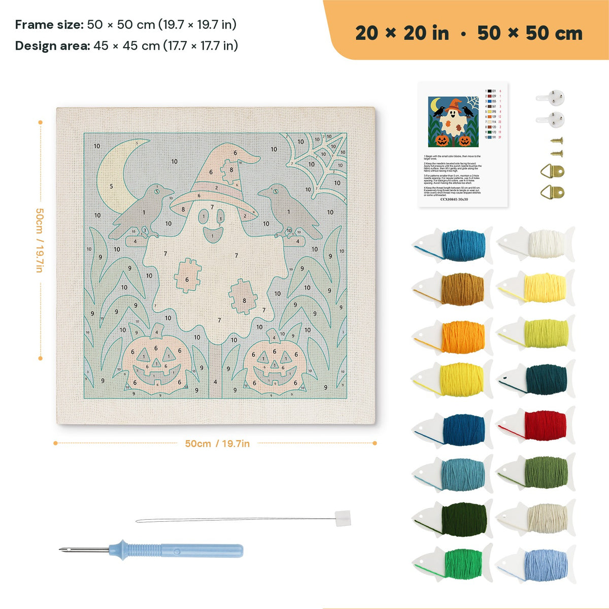 Ghost Scarecrow punch needle kit, 20 × 20 in (50 × 50 cm): canvas size and kit contents