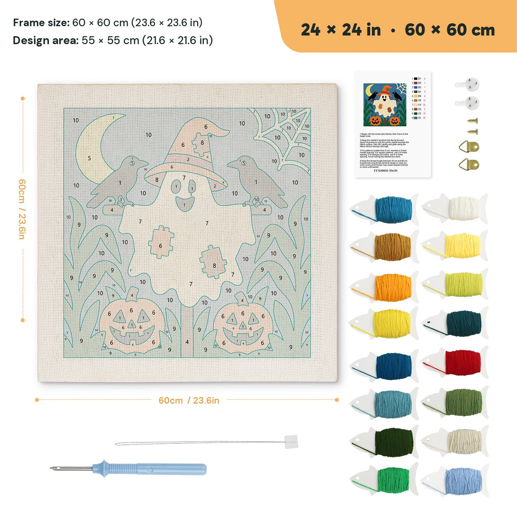 Ghost Scarecrow punch needle kit, 24 × 24 in (60 × 60 cm): canvas size and kit contents
