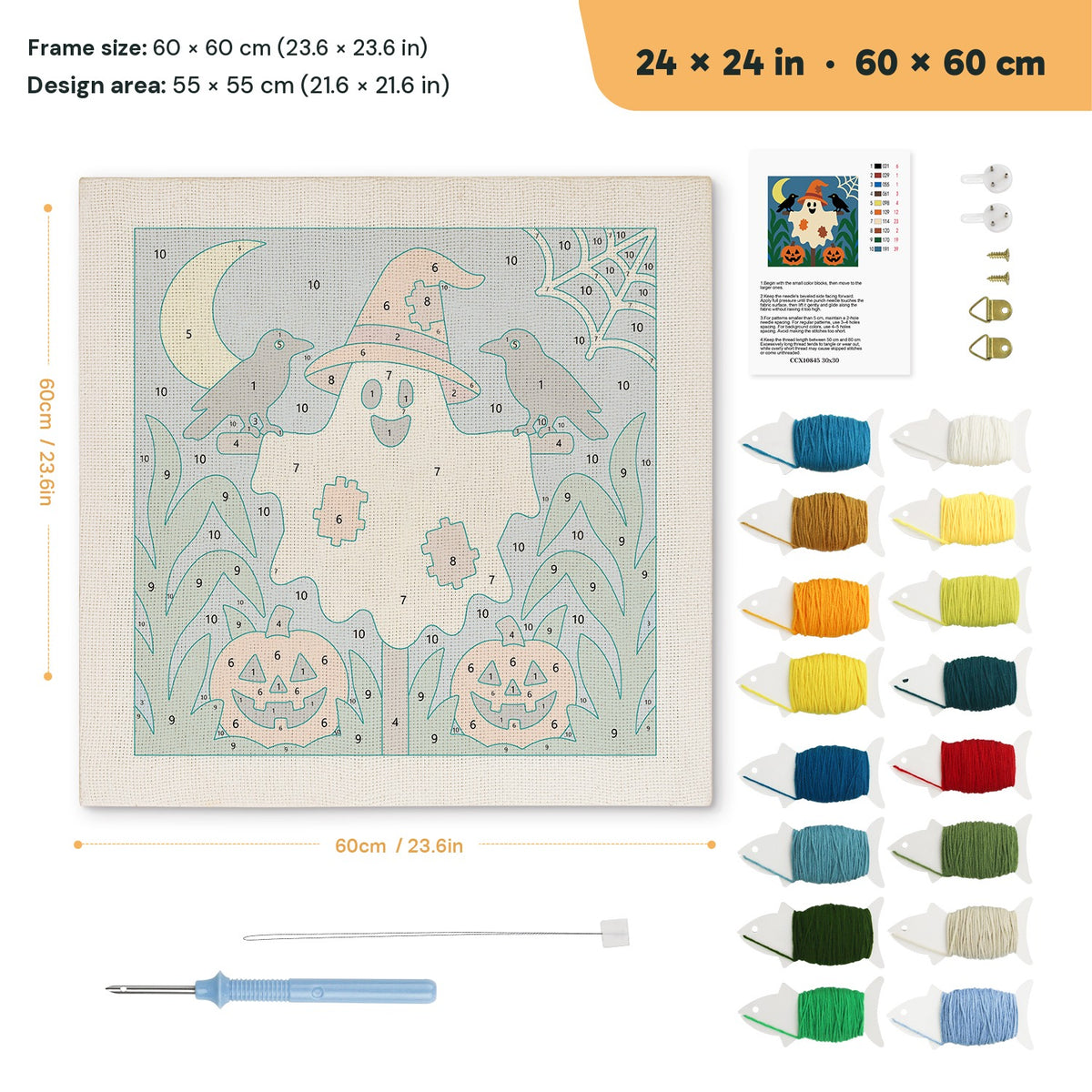 Ghost Scarecrow punch needle kit, 24 × 24 in (60 × 60 cm): canvas size and kit contents