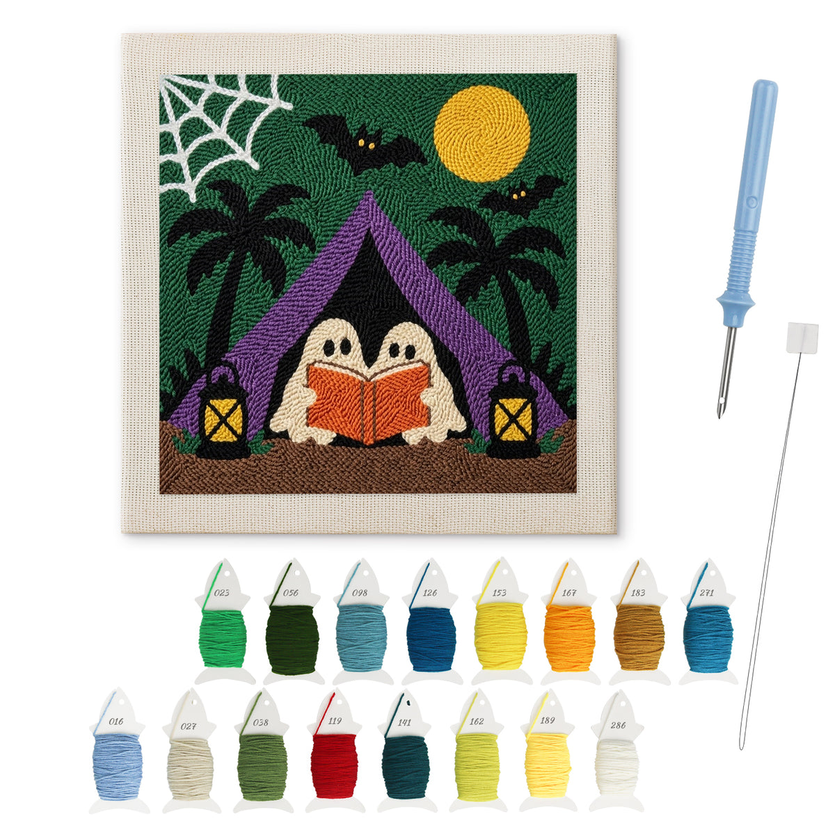 Ghost Story Tent punch needle kit: finished canvas with threads, punch needle and threader