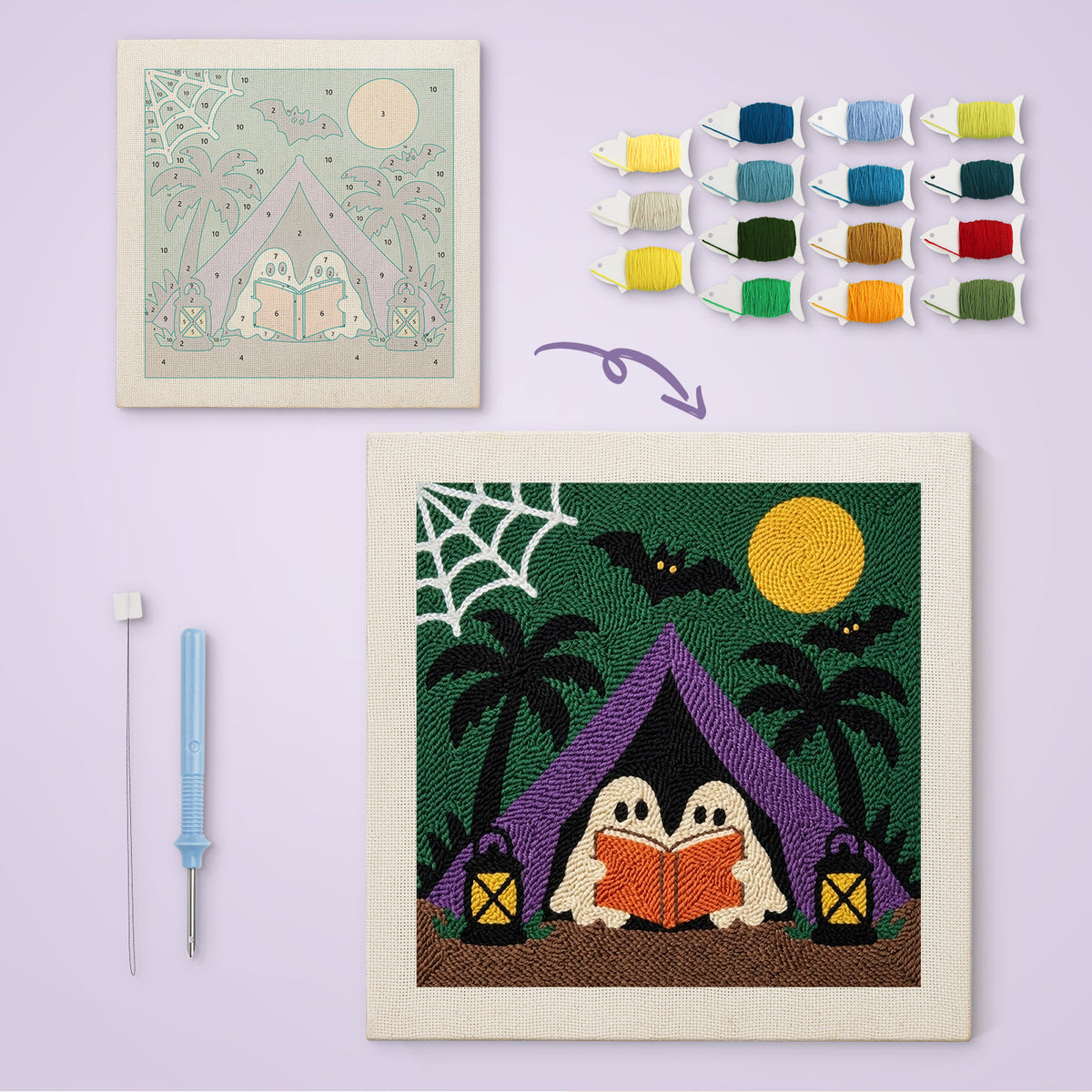 Ghost Story Tent canvas before and after punching, with the threads and tools