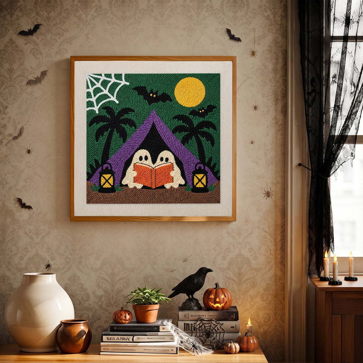 Finished Ghost Story Tent punch needle canvas on a wall