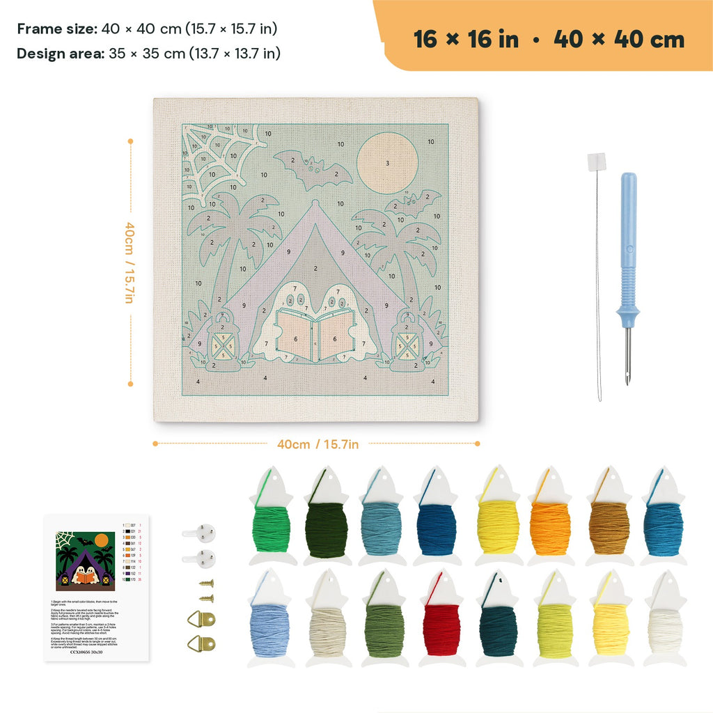 Ghost Story Tent punch needle kit, 16 × 16 in (40 × 40 cm): canvas size and kit contents