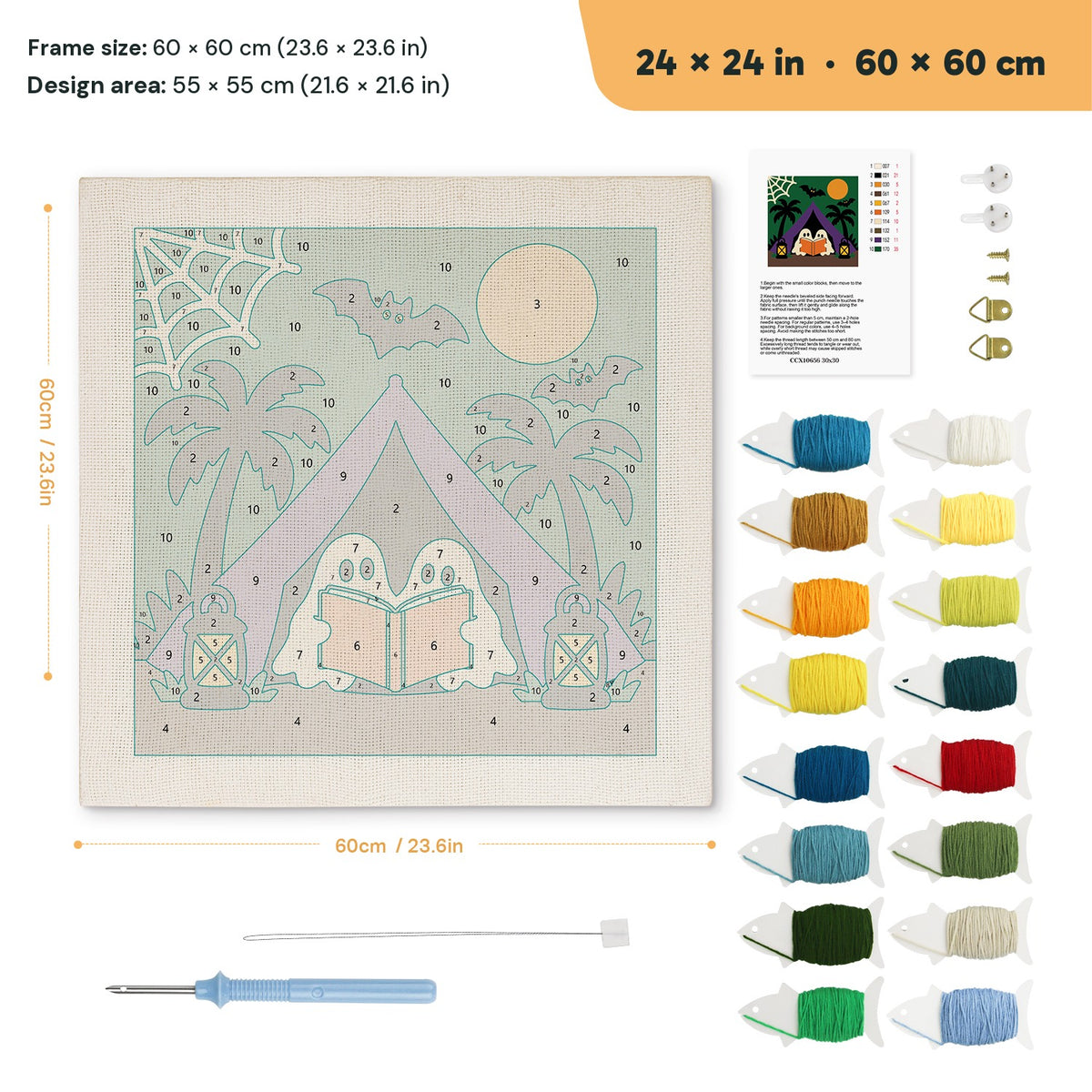 Ghost Story Tent punch needle kit, 24 × 24 in (60 × 60 cm): canvas size and kit contents