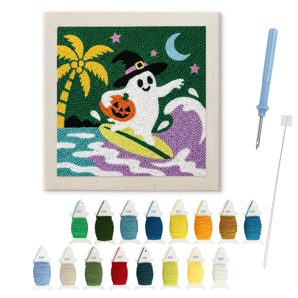 Ghost Surfer punch needle kit: finished canvas with threads, punch needle and threader