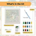 What is in the Ghost Surfer kit: printed canvas, punch needle, threader, threads, color guide and hangers