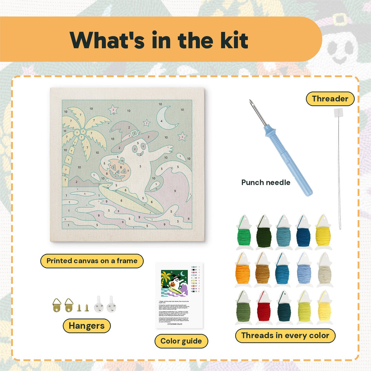 What is in the Ghost Surfer kit: printed canvas, punch needle, threader, threads, color guide and hangers