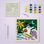 Ghost Surfer canvas before and after punching, with the threads and tools