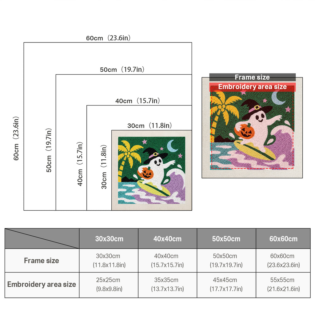 Size chart for square punch needle kits from 30 x 30 cm to 60 x 60 cm