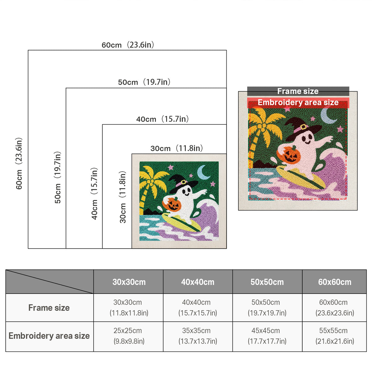Size chart for square punch needle kits from 30 x 30 cm to 60 x 60 cm