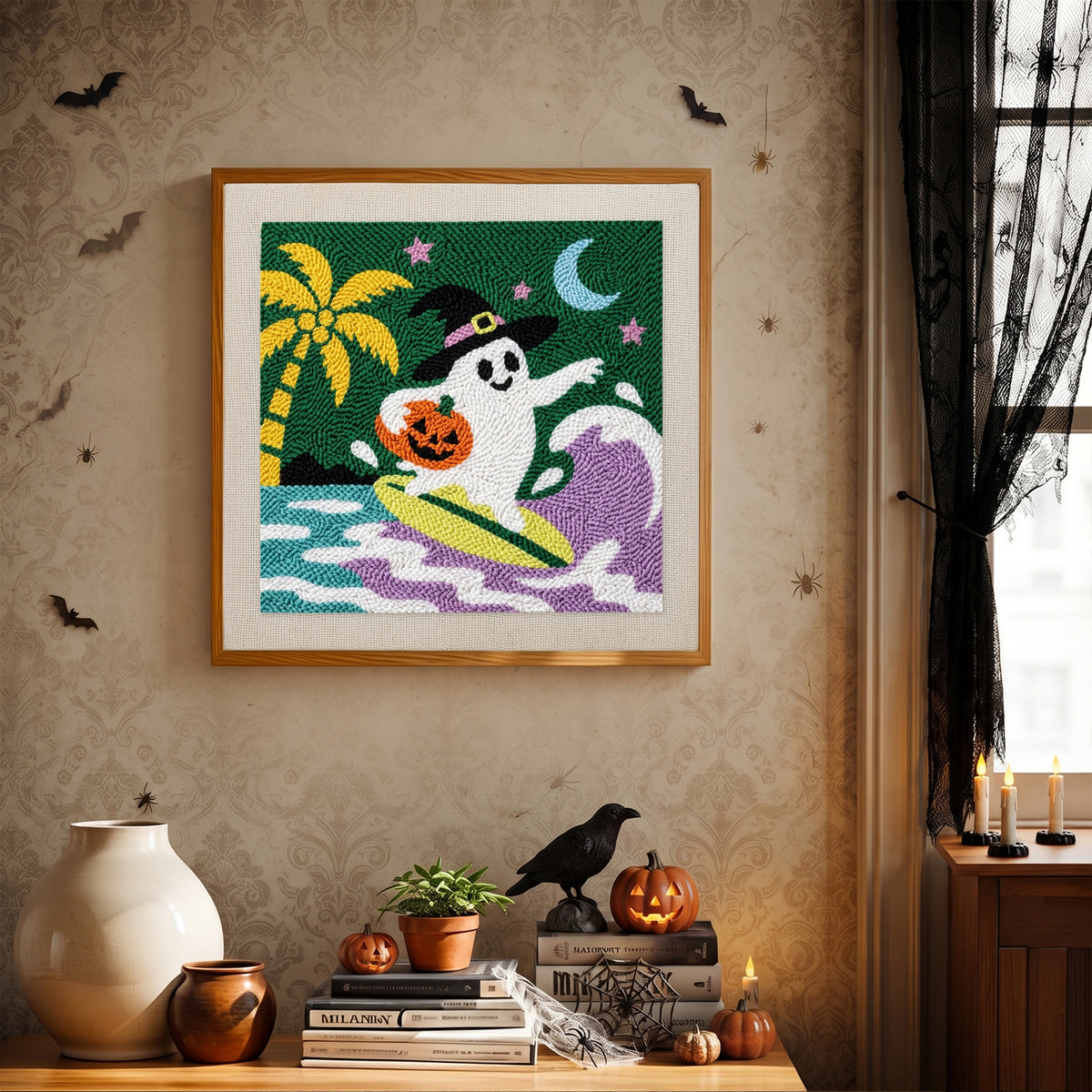 Finished Ghost Surfer punch needle canvas on a wall