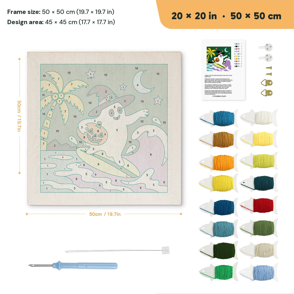 Ghost Surfer punch needle kit, 20 × 20 in (50 × 50 cm): canvas size and kit contents