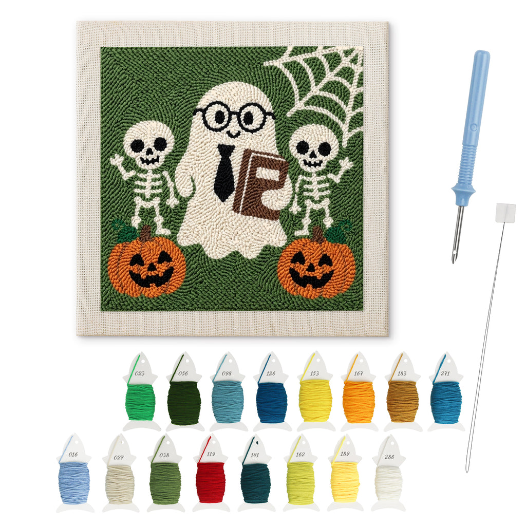 Ghost Teacher and Skeletons punch needle kit: finished canvas with threads, punch needle and threader