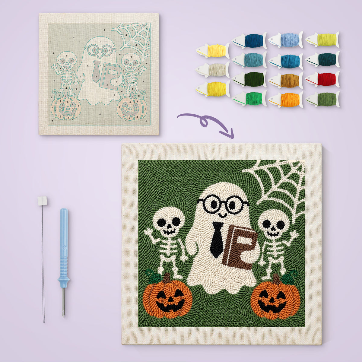 Ghost Teacher and Skeletons canvas before and after punching, with the threads and tools