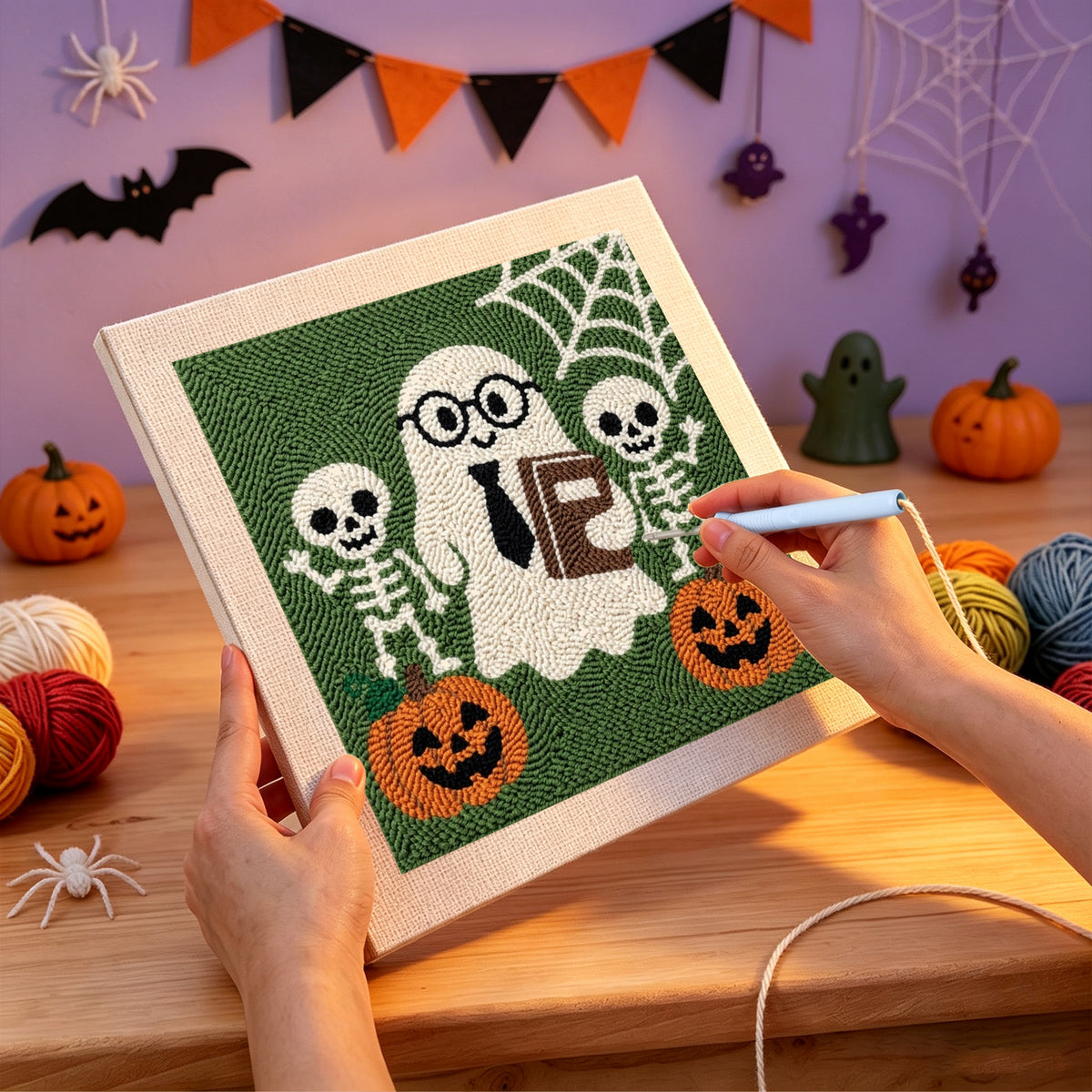 Punching the Ghost Teacher and Skeletons design with the punch needle