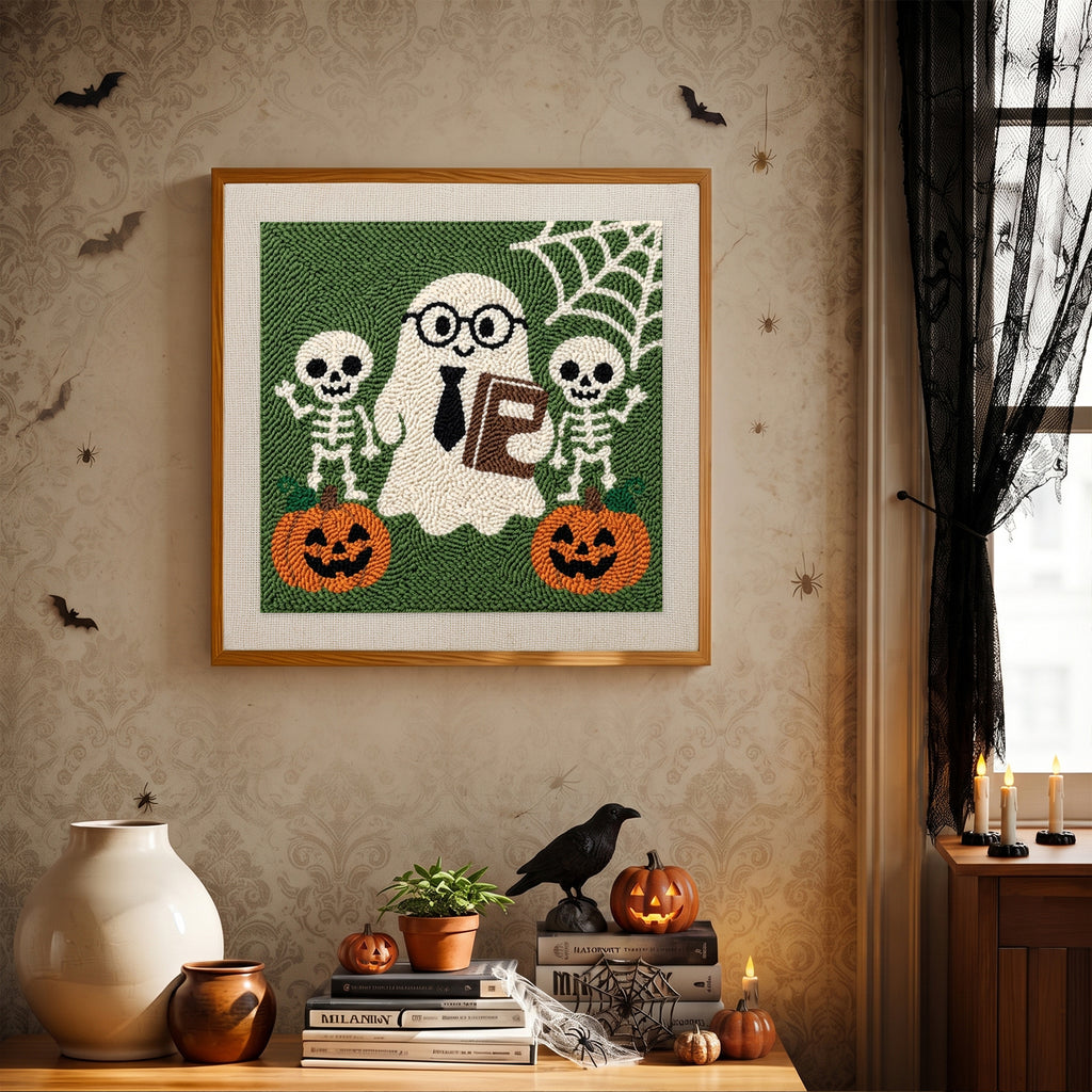 Finished Ghost Teacher and Skeletons punch needle canvas on a wall