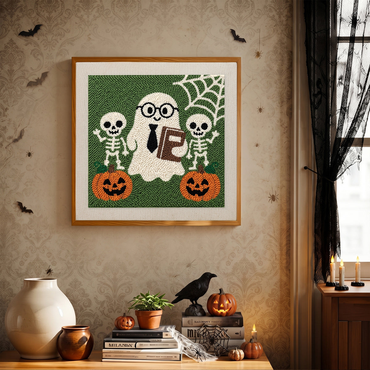 Finished Ghost Teacher and Skeletons punch needle canvas on a wall