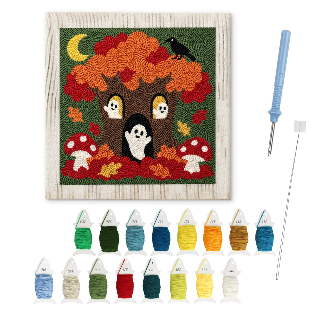 Ghost Tree House punch needle kit: finished canvas with threads, punch needle and threader