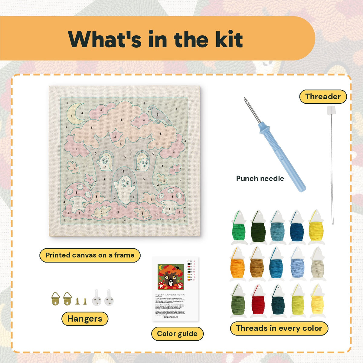 What is in the Ghost Tree House kit: printed canvas, punch needle, threader, threads, color guide and hangers