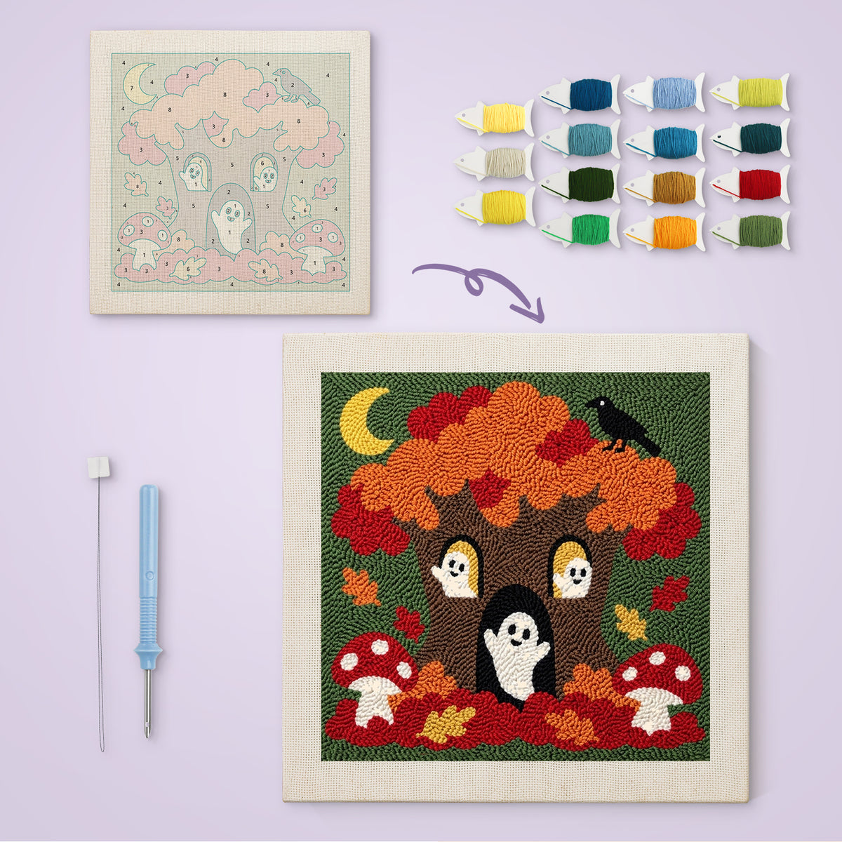 Ghost Tree House canvas before and after punching, with the threads and tools