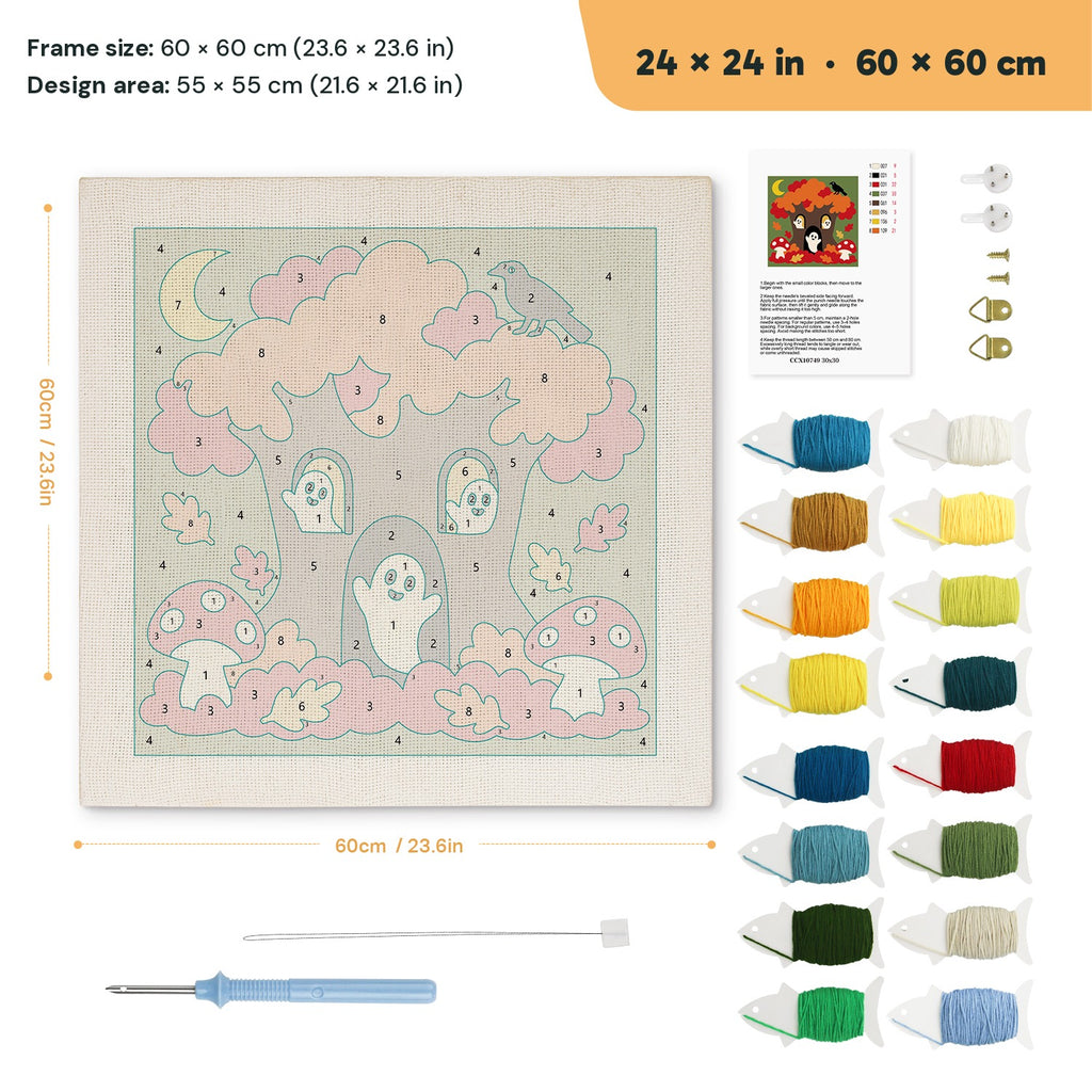Ghost Tree House punch needle kit, 24 × 24 in (60 × 60 cm): canvas size and kit contents