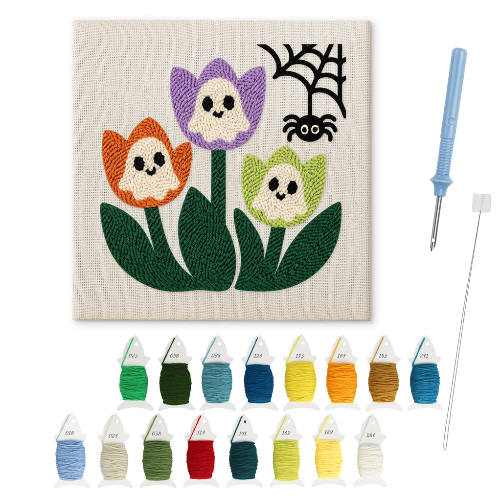 Ghost Tulips punch needle kit: finished canvas with threads, punch needle and threader