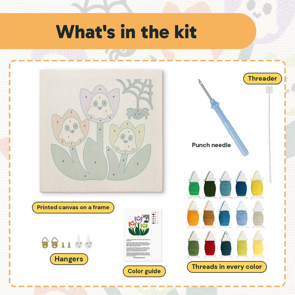 What is in the Ghost Tulips kit: printed canvas, punch needle, threader, threads, color guide and hangers