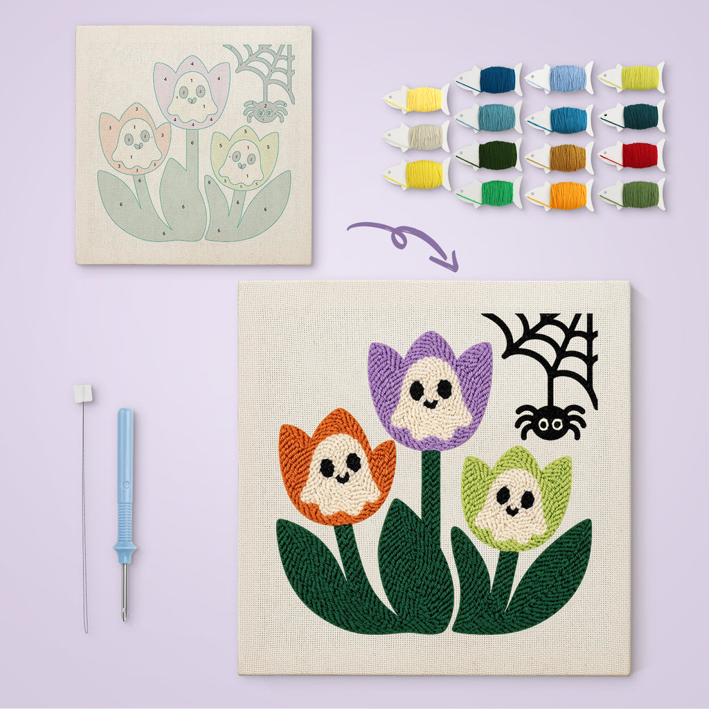 Ghost Tulips canvas before and after punching, with the threads and tools
