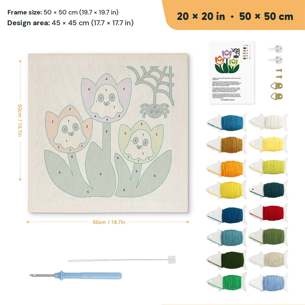 Ghost Tulips punch needle kit, 20 × 20 in (50 × 50 cm): canvas size and kit contents